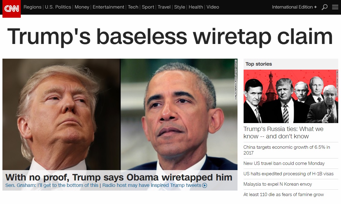 도널드 트럼프 미국 대통령과 버락 오바마 전 대통령의 도청 의혹 논란을 보도하는 CNN 뉴스 갈무리.