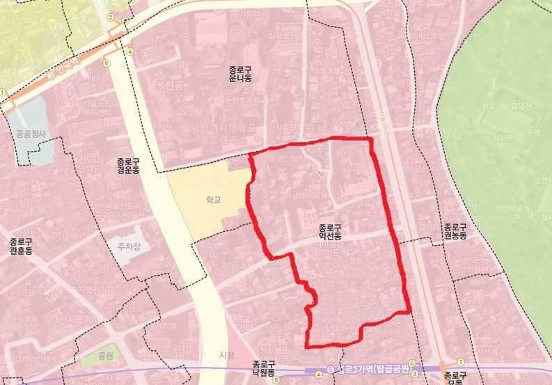 서울 종로구 익선동 위치(빨간색 선 안)