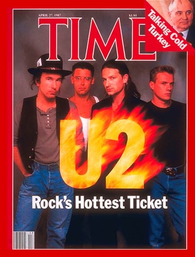  1987년 미국 시사주간지 타임의 표지를 장식한 U2.  록그룹으로는 비틀즈, 롤링스톤즈, 더 후에 이어 4번째 표지 모델로 선정되었다. 그만큼 이 무렵 이들의 영향력은 가히 폭발적이었다