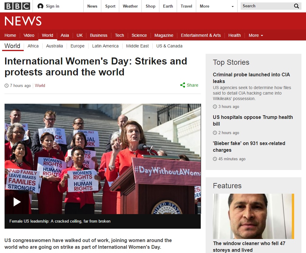 전 세계 곳곳에서 열린 '여성의 날' 행사를 보도하는 BBC 뉴스 갈무리.