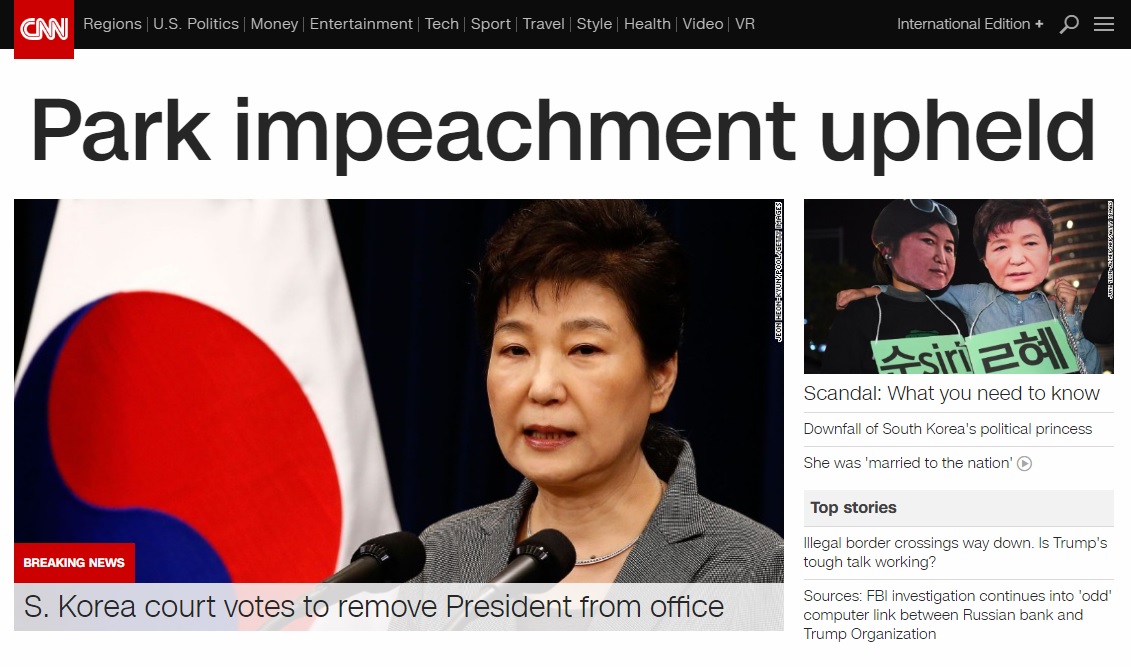 박근혜 대통령의 탄핵을 보도하는 CNN 뉴스 갈무리.