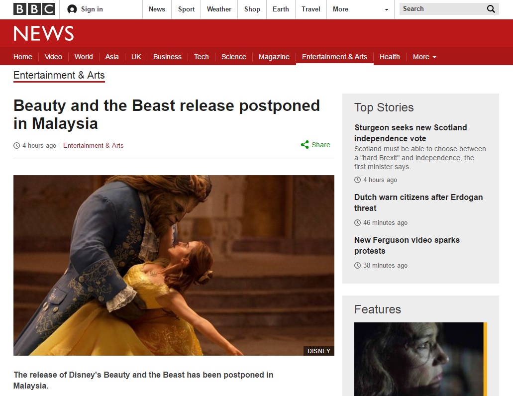  <미녀와 야수>의 말레이시아 개봉 연기를 보도하는 BBC 뉴스 갈무리.