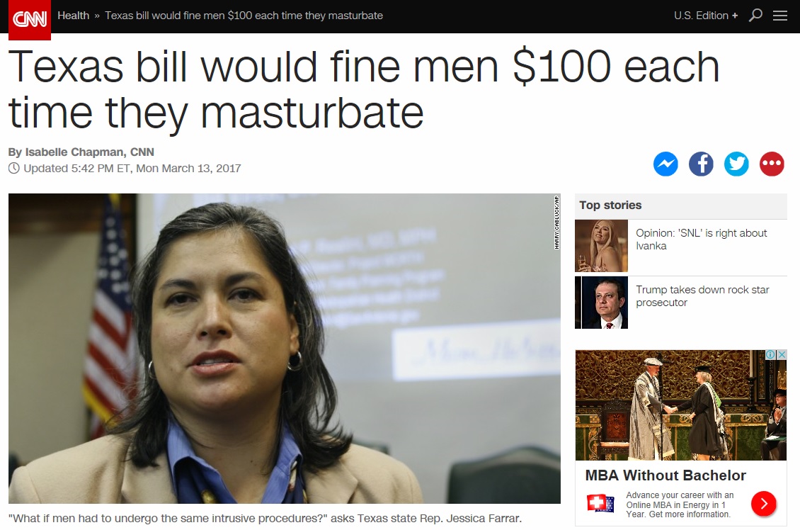 미국 민주당 제시카 파라 의원의 남성 자위행위 금지 법안 발의를 보도하는 CNN 뉴스 갈무리.