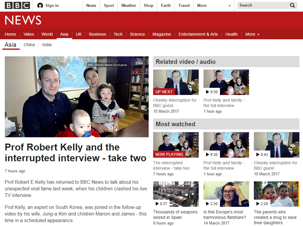 로버트 켈리 부산대 교수 가족의 영국 BBC 인터뷰 갈무리.