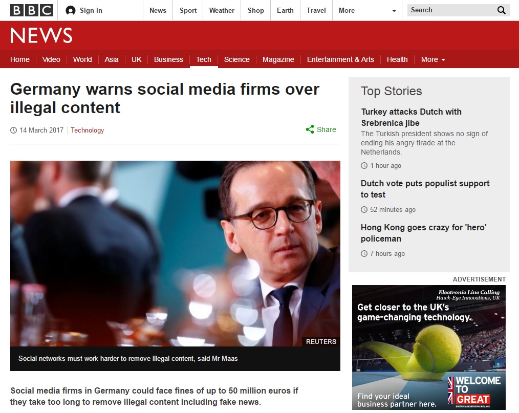 독일 정부의 가짜뉴스 근절 법안 추진을 보도하는 BBC 뉴스 갈무리.