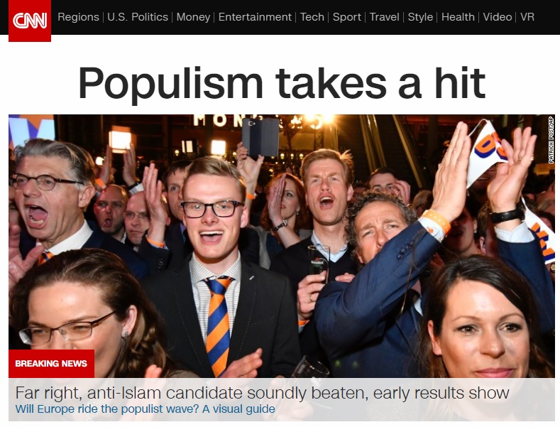 네덜란드 총선에서 극우정당의 참패를 보도하는 CNN 뉴스 갈무리.