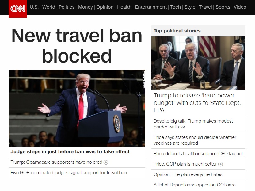 미국 법원의 새 반이민 행정명령 효력 중지를 보도하는 CNN 뉴스 갈무리.
