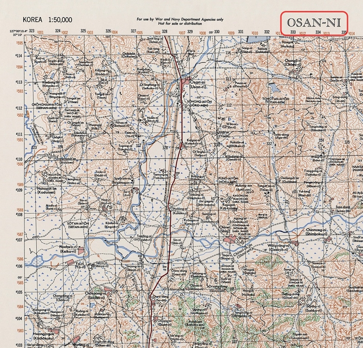 미군이 1945년 제작해 미군정이 사용한 오산리(Osan-ni) 군사지도