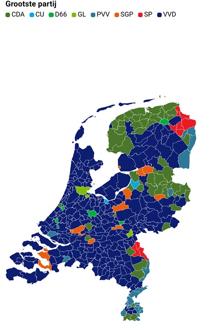 지역별 승리당 결과. 전국적으로 최고 의석수를 차지한 자유민주국민당(VVD)의 색깔이 네덜란드 전역에 표시되어 있다.
