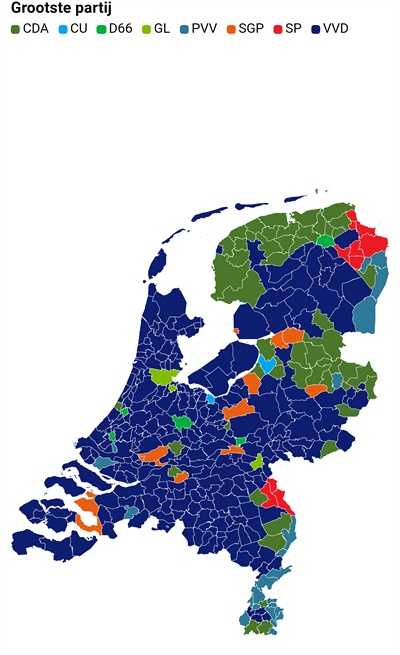  지역별 승리당 결과. 전국적으로 최고 의석수를 차지한 자유민주국민당(VVD)의 색깔이 네덜란드 전역에 표시되어 있다.
