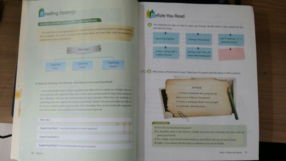 (주)금성출판사의 영어교과서(High School English Reading and Writing)이다. 본문을 학습하기 전에 미리 내용에 대해 생각해보고 생각을 기르는 등 다양한 사고를 할 수 있는 부분이 많다.