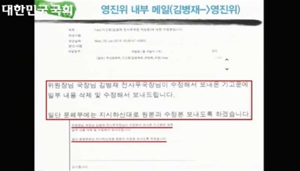 23일 국회 교문위에서 도종환 의원이 영진위 대필 기고 의혹의 증거로 제시한 이메일 내용.