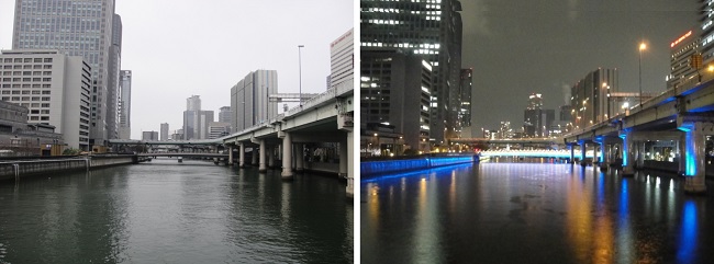           오사카 시내 오에다리 부근에서 찍은 낮과 밤 풍경입니다. 오사카는 요도가와 강 하구에 만들어진 도시입니다. 크고 작은 강 줄기를 바꾸고, 메워서 만들었습니다. 