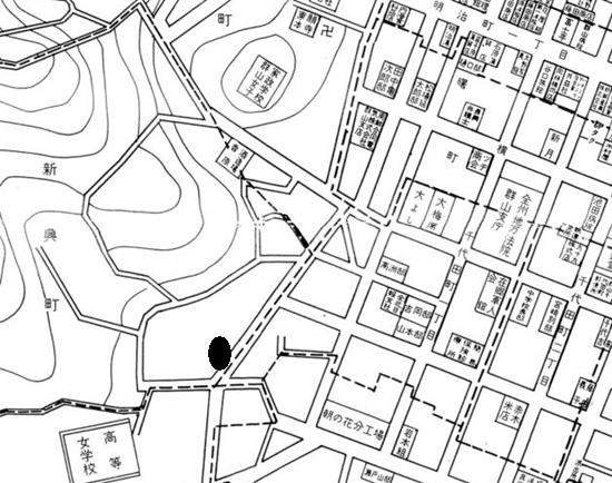 1935년 제작한 군산부 지도. 검정색 동그라미 표시가 구 히로쓰가옥 위치.
