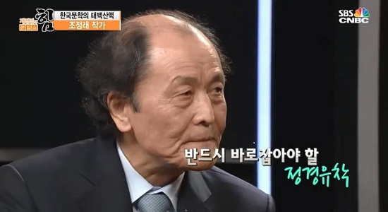    대한민국의 발전을 위해 꼭 해결해야할 문제로 정경유착을 꼽은 조정래 작가. 
