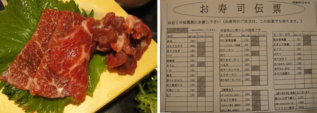           스시 초밥 식당에서 파는 말고기와 스시 초밥 주문표입니다. 스시 초밥 식당에서 주문할 수 있는 스시 초밥은 모두 36가지였습니다.
