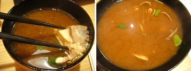          스시 초밥 식당에서 대부분 따뜻한 된장국을 먹을 수 있습니다. 왼쪽 사진은 방어 껍질을 넣어서 끓였고, 왼쪽 사진은 모시조개를 넣어서 끓였습니다. 