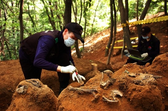 현장에서 드러난 유해를 수습하는 국방부 유해발굴감식단 발굴병들의 모습