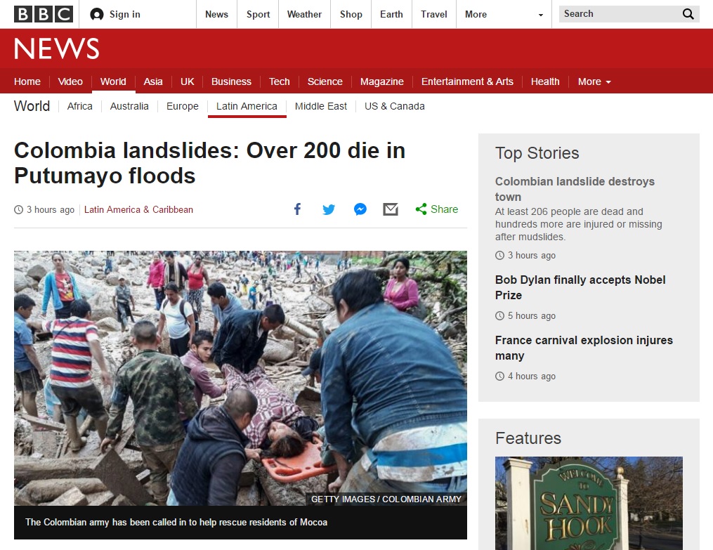 콜롬비아에서 발생한 대홍수와 산사태 피해를 보도하는 BBC 뉴스 갈무리.