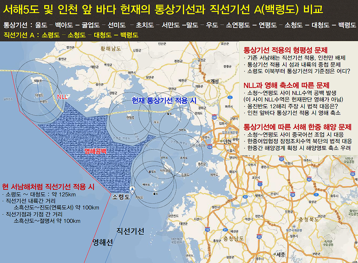 서해 소령도 이북 영해 현재 영해 및 접속수역법 상 서해에서 직선기선은 소령도에서 끝난다. 청구인단은 소령도에서 소청도까지 직선기선을 그어야 한다고 주장하지만, 헌재는 통상기선을 적용하고 있다고 판단했다. 사진은 소령도에서 소청도로 직선을 그었을 때와 각 섬에 둥그렇게 통상기선을 적용했을 때를 비교한 것으로, 통상기선을 적용하면 파란부분 만큼 영해가 줄어들게 된다.  