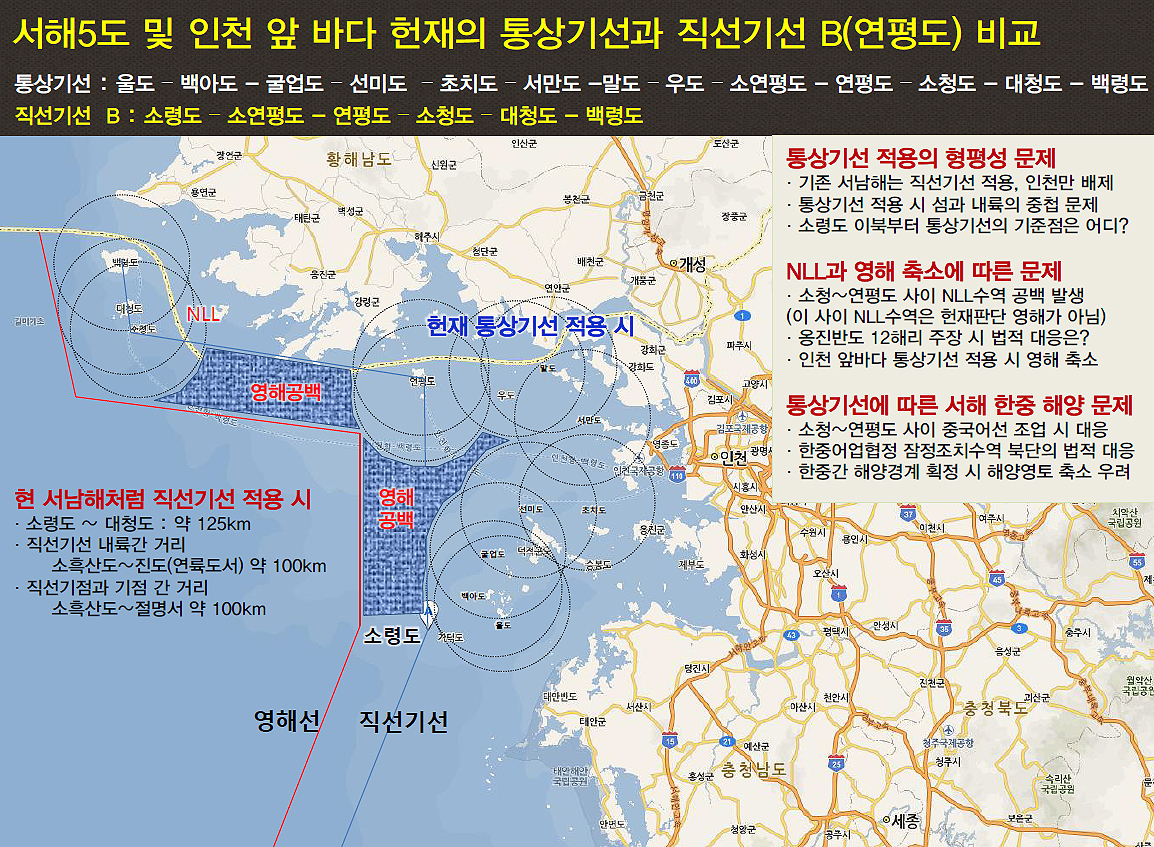 서해 소령도 이북 영해 현재 영해 및 접속수역법 상 서해에서 직선기선은 소령도에서 끝난다. 청구인단은 소령도에서 소청도까지 직선기선을 그어야 한다고 주장하지만, 헌재는 통상기선을 적용하고 있다고 판단했다. 사진은 소청도에서 연평도를 경유해 소청도로 직선기선을 그었을 때와 각 섬에 둥그렇게 통상기선을 적용했을 때를 비교한 것으로, 통상기선을 적용하면 파란부분 만큼 영해가 줄어들게 된다.  