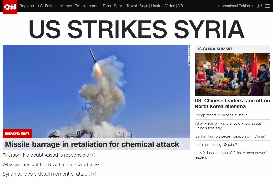 미국의 시리아 공습을 보도하는 CNN 뉴스 갈무리.