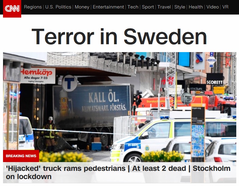 스웨덴 수도 스톡홀름에서 발생한 트럭 테러를 보도하는 CNN 뉴스 갈무리.