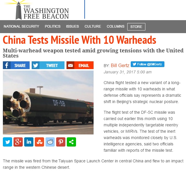 중국이 올해 1월 핵탄두 10발을 동시에, 다른 목표에 발사할 수 있는 미사일인 둥풍-5발사 실험에 성공하였다는 미국 Washington Free Beacon 보도