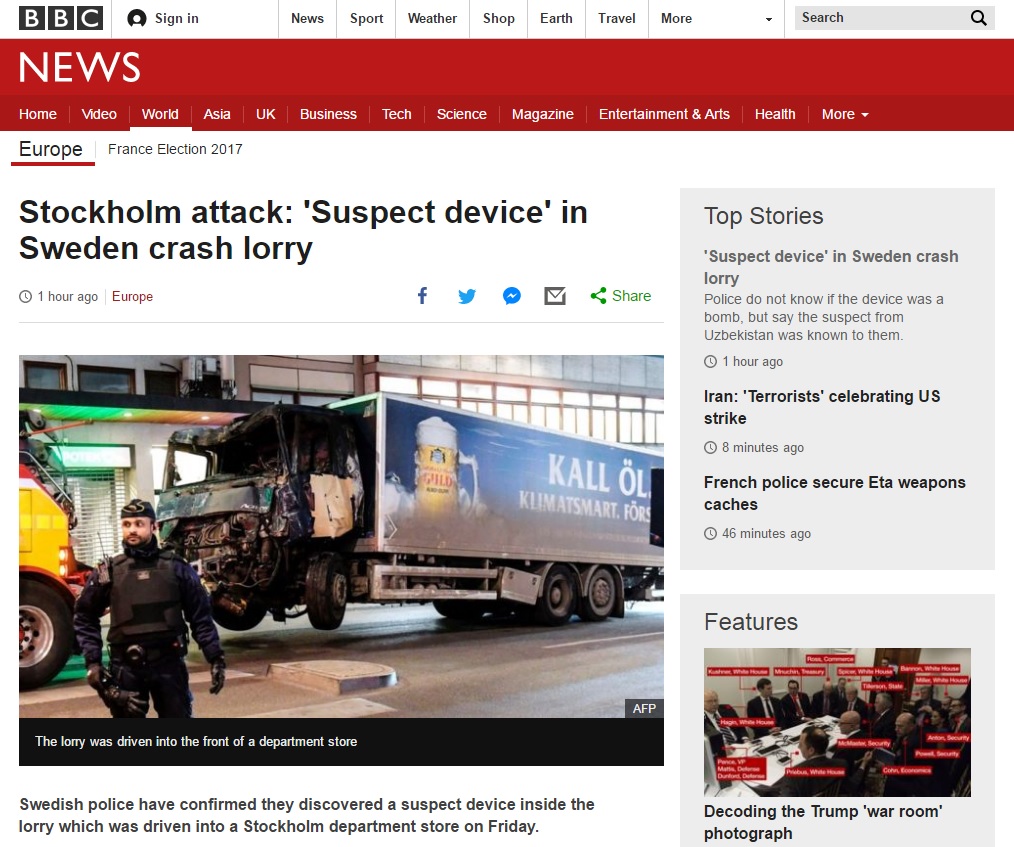 스웨덴 스톡홀름 트럭 테러 용의자 체포를 보도하는 BBC 뉴스 갈무리.