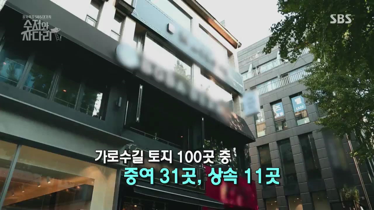 <수저와 사다리>는 서울의 대표적인 번화가 가운데 하나인 가로수길 토지 100곳 가운데 증여와 상속된 곳이 무려 42곳에 이른다고 밝히고 있다.