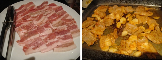           돼지고기 삼겹살과 김치와 마늘을 넣어서 구운 모습입니다. 