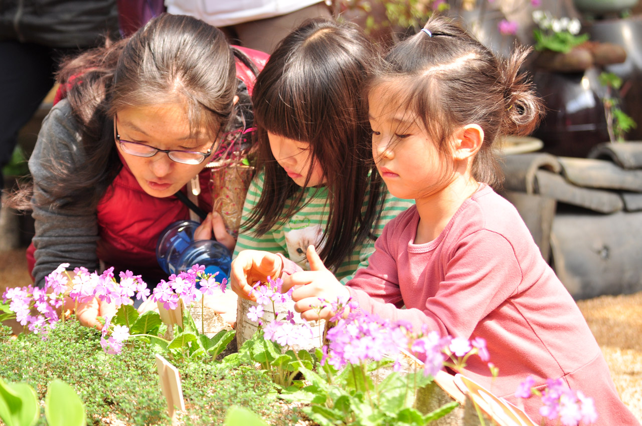 우리꽃 전시회 개최에서 꽃을 관람중인 아이들