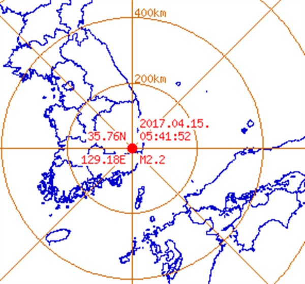  15일 오전 5시14분경 경주 지역에서 발생한 지진.