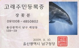 2009년 장생포 고래생태체험관 개관과 함께 발급된 장꽃분 씨의 고래주민등록증