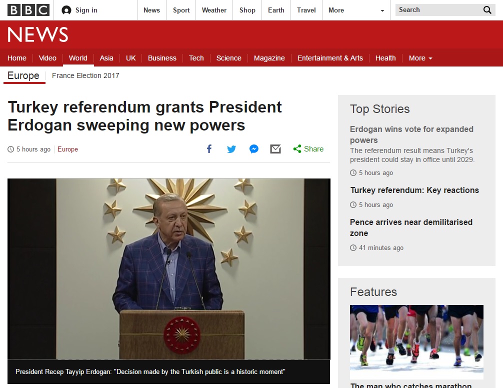 터키의 대통령제 중심 개헌안 국민투표를 보도하는 BBC 뉴스 갈무리.