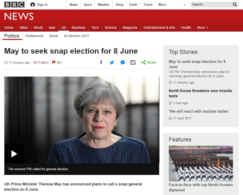 테레사 메이 영국 총리의 조기 총선 요청을 보도하는 BBC 뉴스 갈무리.