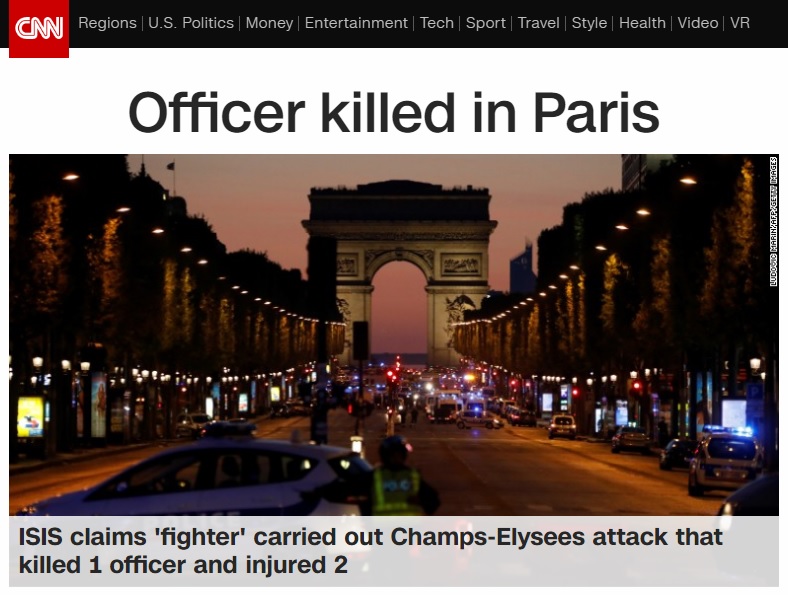 프랑스 파리 도심에서 발생한 총격 테러를 보도하는 CNN 뉴스 갈무리.
