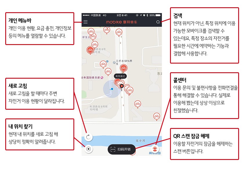 앱(App)을 실행 시키면, 자신 주변의 자전거 위치가 표시 된다.