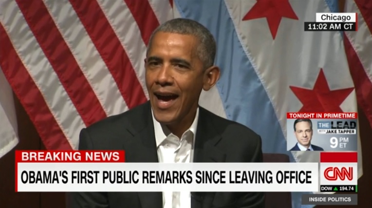 버락 오바마 전 미국 대통령의 퇴임 후 공식 활동 개시를 보도하는 CNN 뉴스 갈무리.