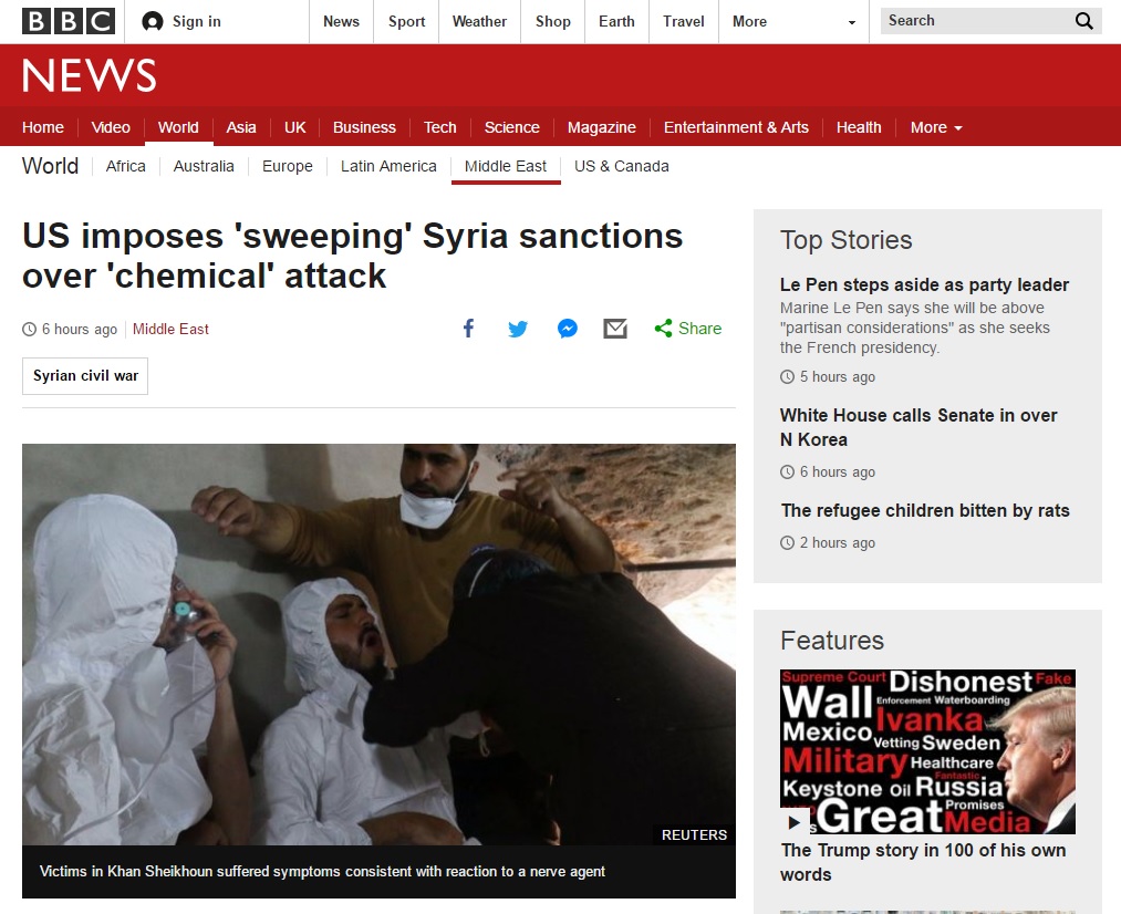 미국의 시리아 화학무기 공격 제재를 보도하는 BBC 뉴스 갈무리.