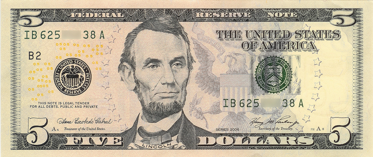 5달러 지폐 속의 링컨. 