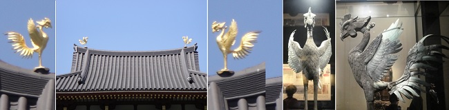            뵤도인 절 봉황당 용마루 양끝에 장식된 봉황상과 박물관에 보관된 봉황상입니다. 오른쪽 사진은 뵤도인 절 박물관에서 전시하고 있는 봉황 새입니다.