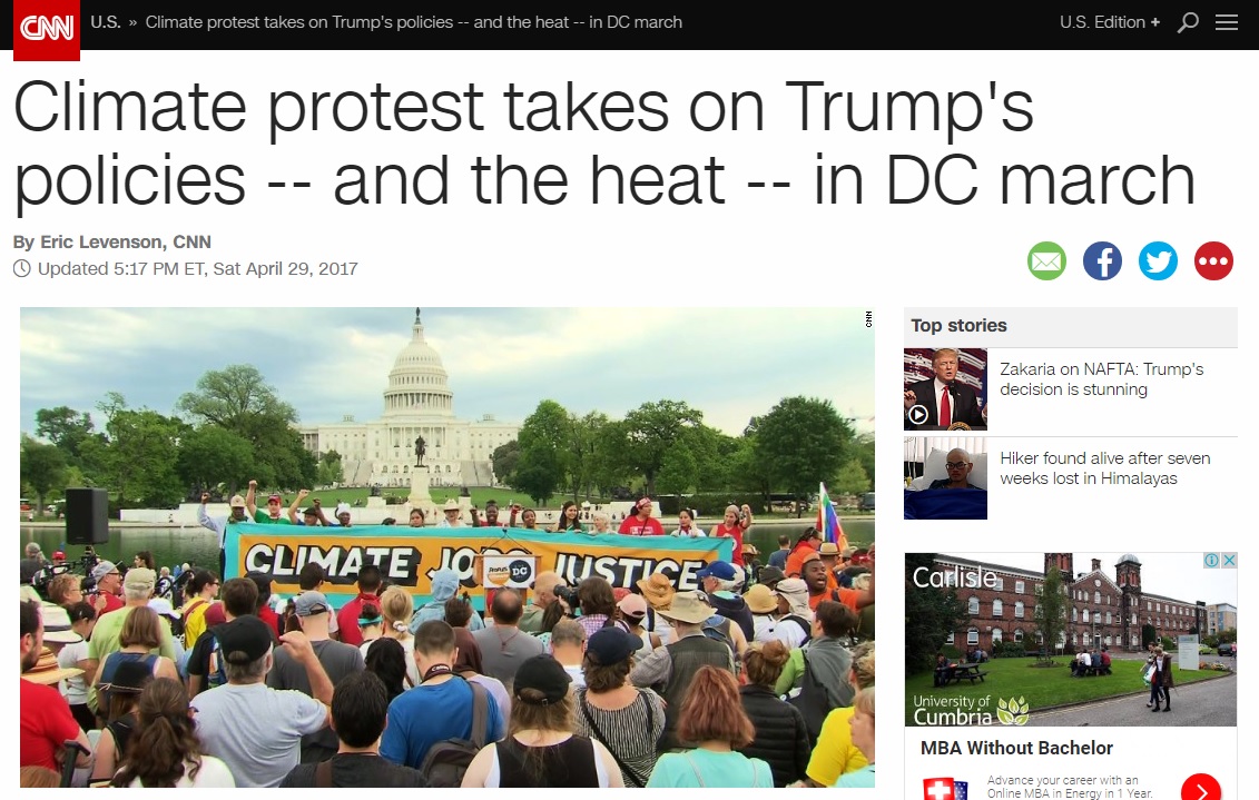 미국에서 열린 트럼프 행정부 환경정책 반대 집회를 보도하는 CNN 뉴스 갈무리.