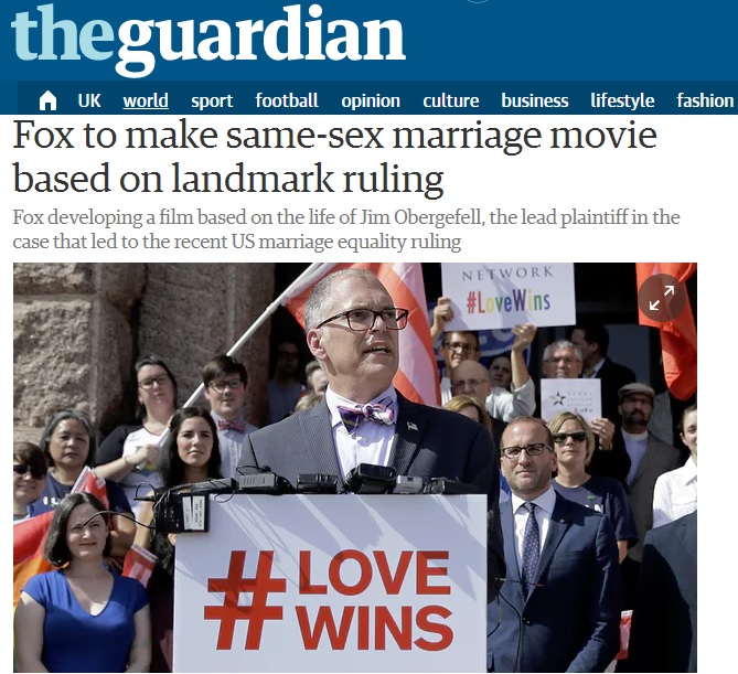 미국연방대법원의 동성혼 금지법에 대한 위헌 판결을 이끌어낸 당사자인 오버거펠. 폭스사가 이 사건을 모티브로 영화를 만든다는 가디언지 기사.
