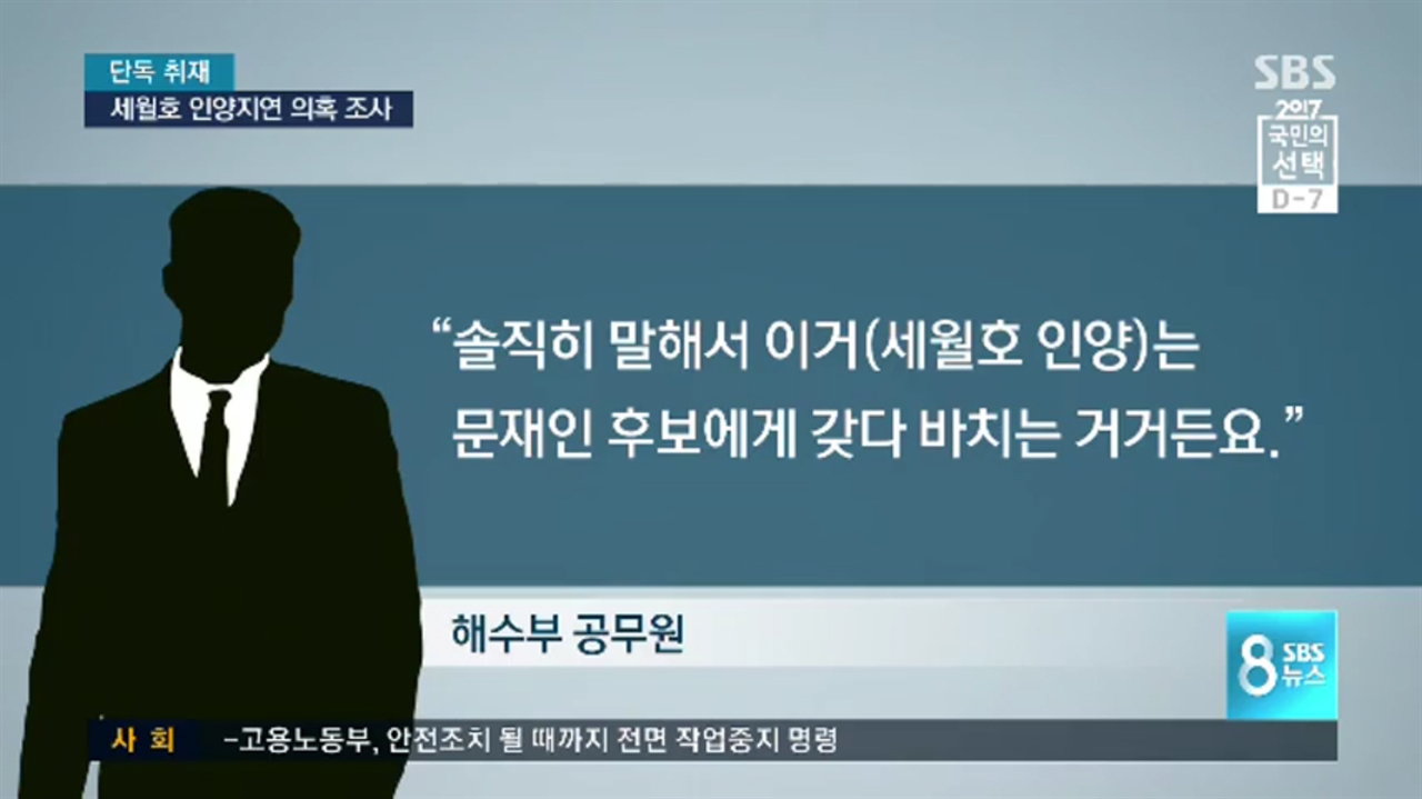 SBS의 '차기 정권과 거래? 인양지연의혹 조사' 보도. 이후 SBS는 기사를 삭제하고 사과했다.