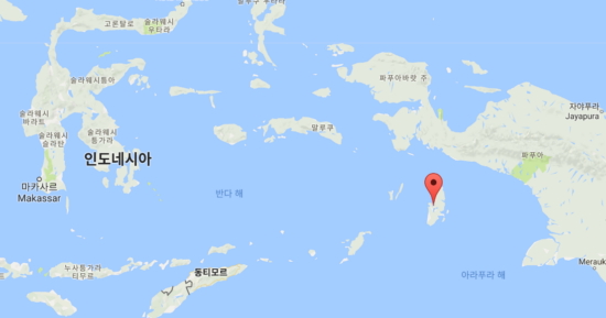 벤지나 섬 위치. 인도네시아와 호주 사이 바다 한복판에 있다. 