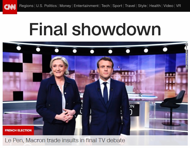 프랑스 대선 결선 토론을 보도하는 CNN 뉴스 갈무리.
