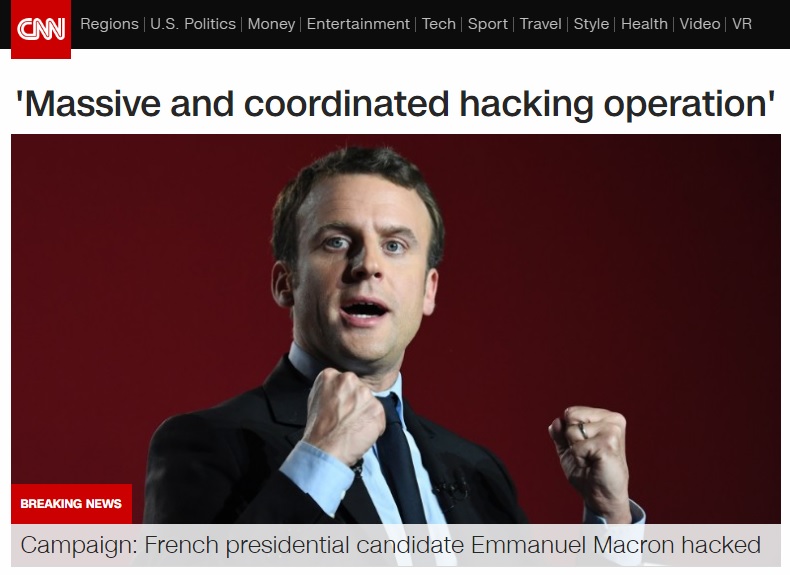 프랑스 대선 유력 후보 에마뉘엘 마크롱 캠프 해킹 사건을 보도하는 CNN 뉴스 갈무리.