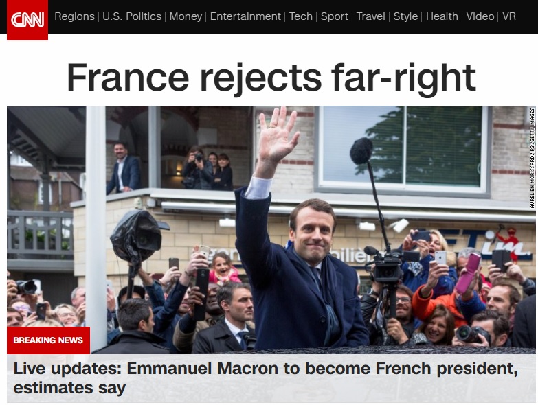 에마뉘엘 마크롱의 프랑스 대선 결선 투표 승리를 보도하는 CNN 뉴스 갈무리.