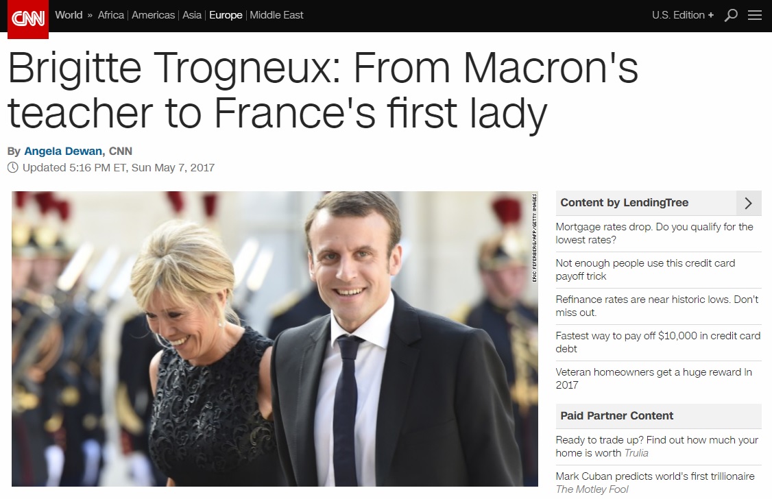 에마뉘엘 마크롱 프랑스 대통령 당선자와 아내 브리짓 트로뉴의 러브스토리를 소개하는 CNN 뉴스 갈무리.